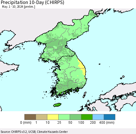 Korea Precipitation 10-Day (CHIRPS) Thematic Map For 5/1/2024 - 5/10/2024