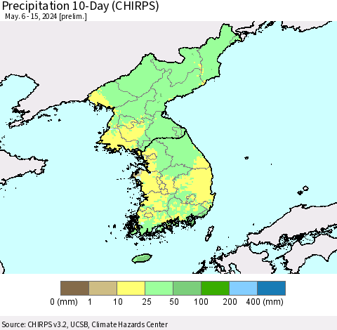 Korea Precipitation 10-Day (CHIRPS) Thematic Map For 5/6/2024 - 5/15/2024