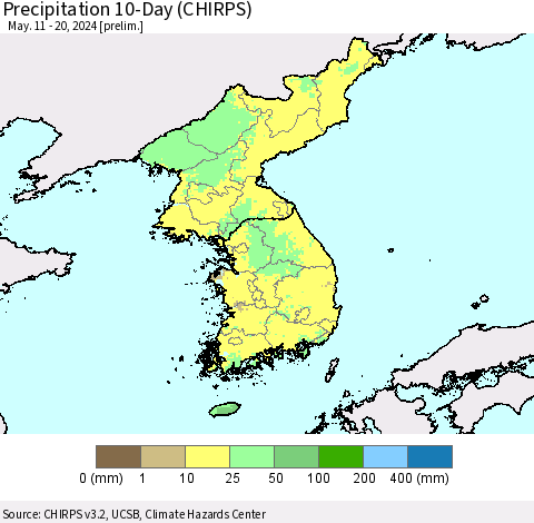 Korea Precipitation 10-Day (CHIRPS) Thematic Map For 5/11/2024 - 5/20/2024