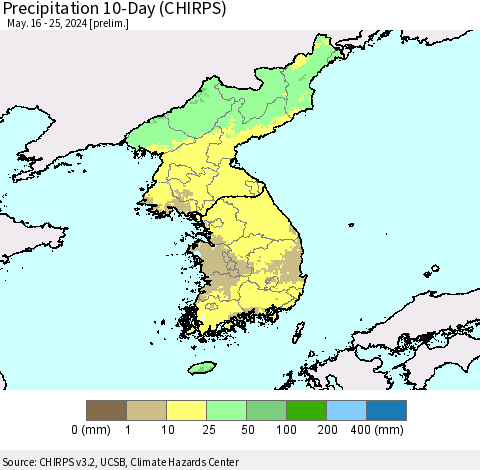 Korea Precipitation 10-Day (CHIRPS) Thematic Map For 5/16/2024 - 5/25/2024