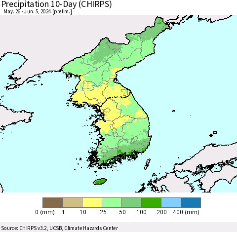 Korea Precipitation 10-Day (CHIRPS) Thematic Map For 5/26/2024 - 6/5/2024