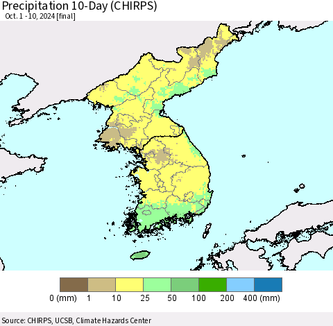 Korea Precipitation 10-Day (CHIRPS) Thematic Map For 10/1/2024 - 10/10/2024