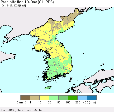 Korea Precipitation 10-Day (CHIRPS) Thematic Map For 10/6/2024 - 10/15/2024