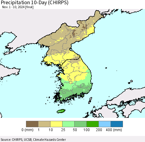 Korea Precipitation 10-Day (CHIRPS) Thematic Map For 11/1/2024 - 11/10/2024
