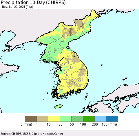 Korea Precipitation 10-Day (CHIRPS) Thematic Map For 11/11/2024 - 11/20/2024