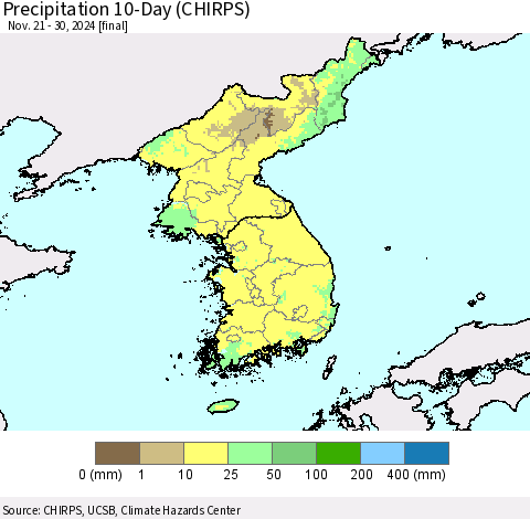 Korea Precipitation 10-Day (CHIRPS) Thematic Map For 11/21/2024 - 11/30/2024