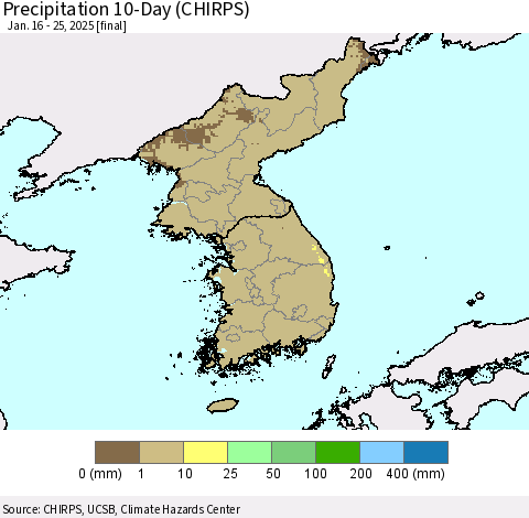 Korea Precipitation 10-Day (CHIRPS) Thematic Map For 1/16/2025 - 1/25/2025