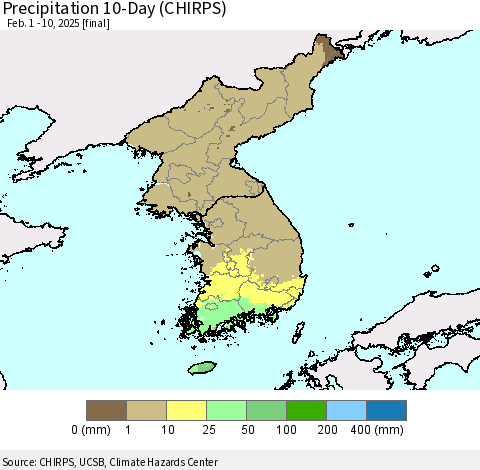 Korea Precipitation 10-Day (CHIRPS) Thematic Map For 2/1/2025 - 2/10/2025