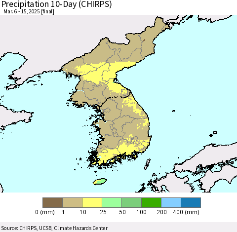 Korea Precipitation 10-Day (CHIRPS) Thematic Map For 3/6/2025 - 3/15/2025