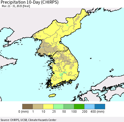 Korea Precipitation 10-Day (CHIRPS) Thematic Map For 3/21/2025 - 3/31/2025