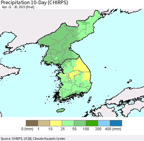 Korea Precipitation 10-Day (CHIRPS) Thematic Map For 4/11/2025 - 4/20/2025
