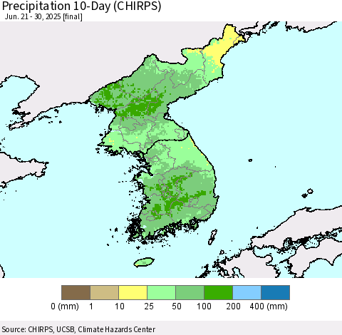 Korea Precipitation 10-Day (CHIRPS) Thematic Map For 6/21/2025 - 6/30/2025