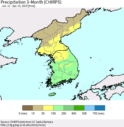 Korea Precipitation 3-Month (CHIRPS) Thematic Map For 1/11/2019 - 4/10/2019