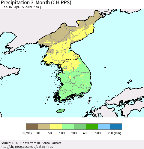 Korea Precipitation 3-Month (CHIRPS) Thematic Map For 1/16/2019 - 4/15/2019