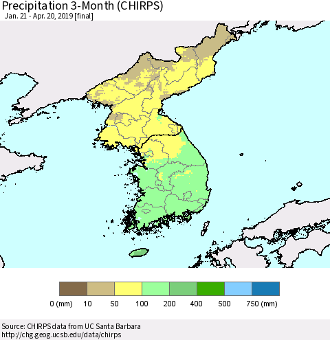 Korea Precipitation 3-Month (CHIRPS) Thematic Map For 1/21/2019 - 4/20/2019