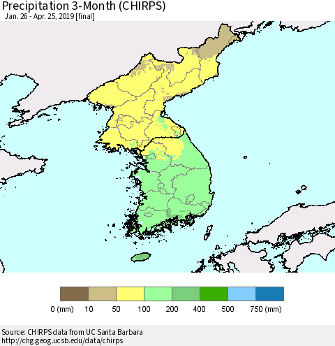 Korea Precipitation 3-Month (CHIRPS) Thematic Map For 1/26/2019 - 4/25/2019