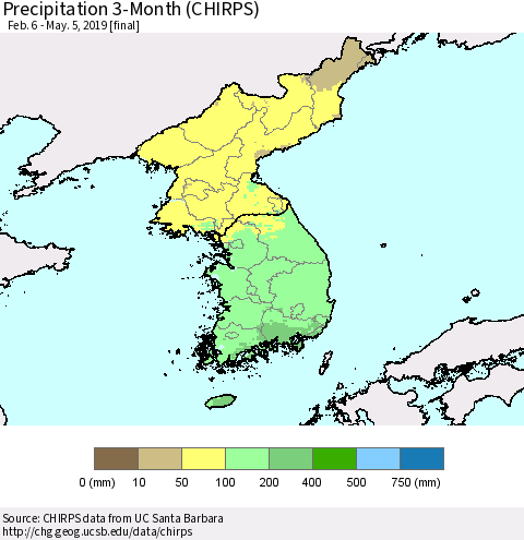 Korea Precipitation 3-Month (CHIRPS) Thematic Map For 2/6/2019 - 5/5/2019