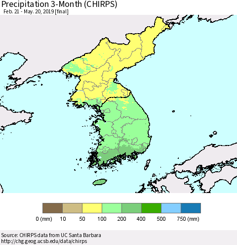 Korea Precipitation 3-Month (CHIRPS) Thematic Map For 2/21/2019 - 5/20/2019