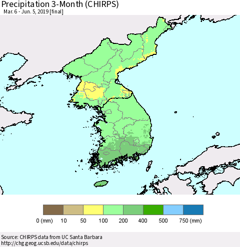 Korea Precipitation 3-Month (CHIRPS) Thematic Map For 3/6/2019 - 6/5/2019