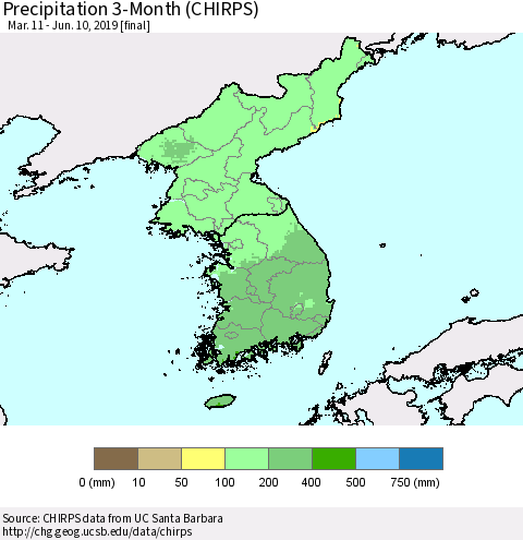 Korea Precipitation 3-Month (CHIRPS) Thematic Map For 3/11/2019 - 6/10/2019