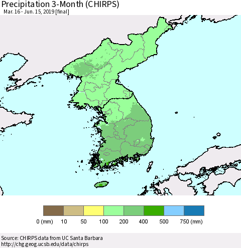 Korea Precipitation 3-Month (CHIRPS) Thematic Map For 3/16/2019 - 6/15/2019