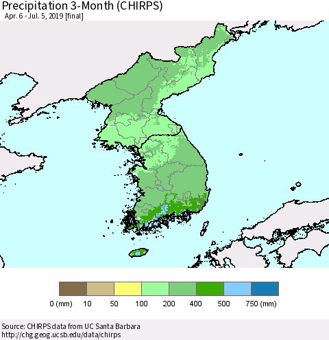Korea Precipitation 3-Month (CHIRPS) Thematic Map For 4/6/2019 - 7/5/2019