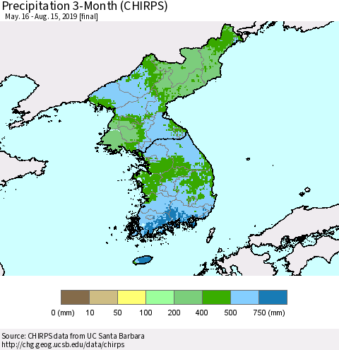 Korea Precipitation 3-Month (CHIRPS) Thematic Map For 5/16/2019 - 8/15/2019