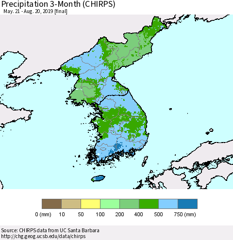 Korea Precipitation 3-Month (CHIRPS) Thematic Map For 5/21/2019 - 8/20/2019