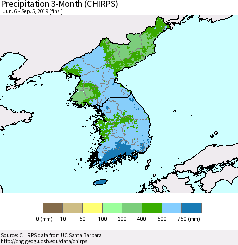 Korea Precipitation 3-Month (CHIRPS) Thematic Map For 6/6/2019 - 9/5/2019