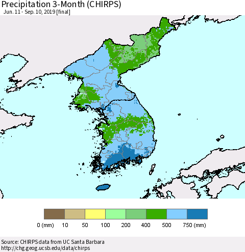 Korea Precipitation 3-Month (CHIRPS) Thematic Map For 6/11/2019 - 9/10/2019