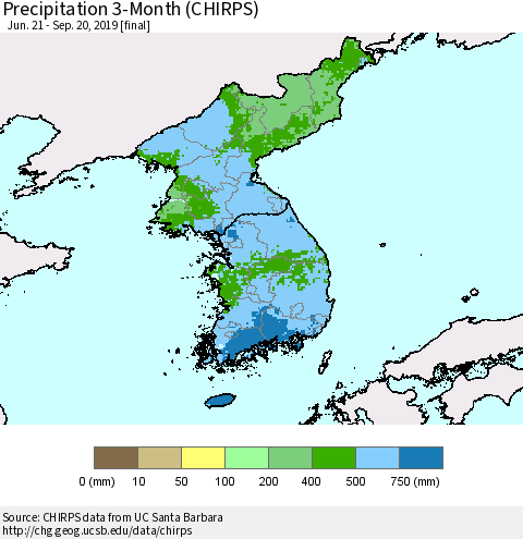 Korea Precipitation 3-Month (CHIRPS) Thematic Map For 6/21/2019 - 9/20/2019
