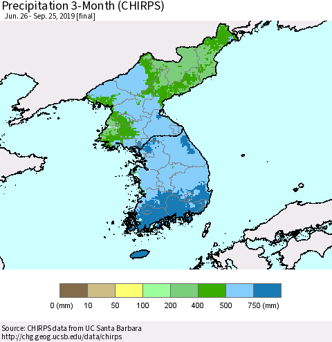 Korea Precipitation 3-Month (CHIRPS) Thematic Map For 6/26/2019 - 9/25/2019