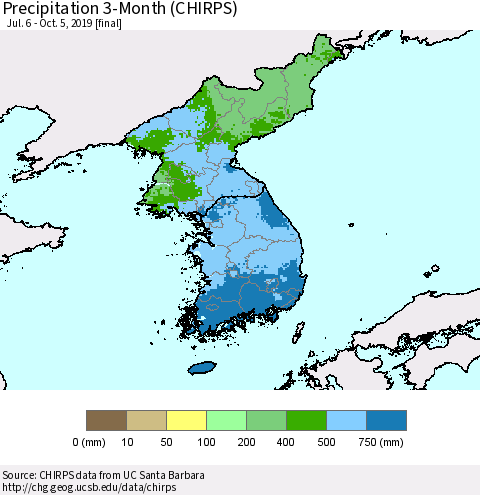 Korea Precipitation 3-Month (CHIRPS) Thematic Map For 7/6/2019 - 10/5/2019