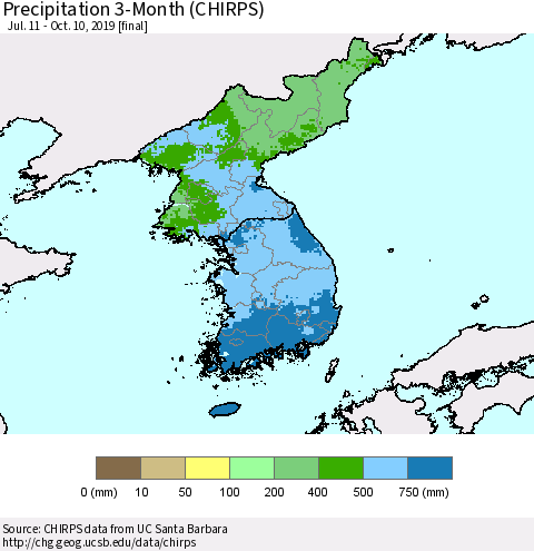 Korea Precipitation 3-Month (CHIRPS) Thematic Map For 7/11/2019 - 10/10/2019