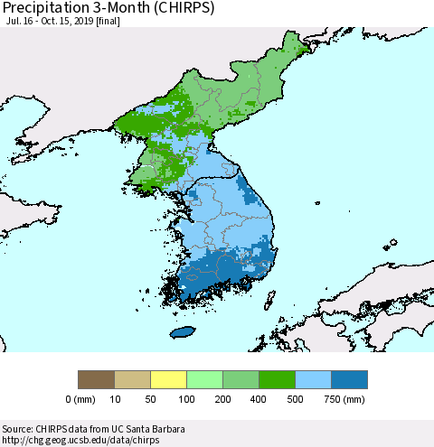 Korea Precipitation 3-Month (CHIRPS) Thematic Map For 7/16/2019 - 10/15/2019