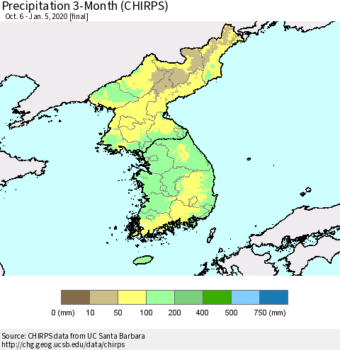 Korea Precipitation 3-Month (CHIRPS) Thematic Map For 10/6/2019 - 1/5/2020