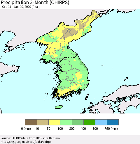 Korea Precipitation 3-Month (CHIRPS) Thematic Map For 10/11/2019 - 1/10/2020