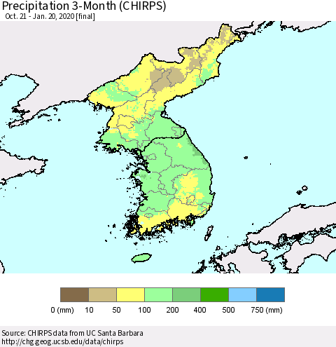 Korea Precipitation 3-Month (CHIRPS) Thematic Map For 10/21/2019 - 1/20/2020