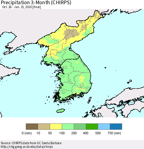 Korea Precipitation 3-Month (CHIRPS) Thematic Map For 10/26/2019 - 1/25/2020