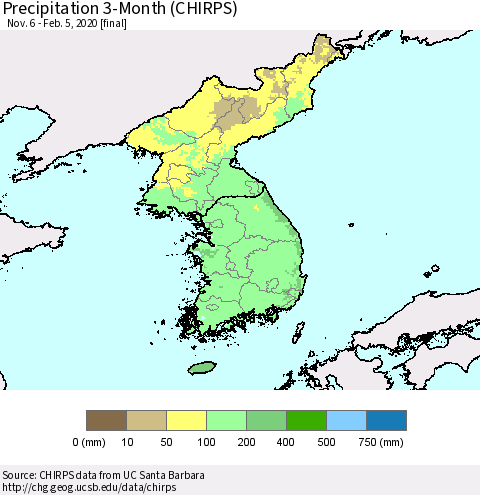 Korea Precipitation 3-Month (CHIRPS) Thematic Map For 11/6/2019 - 2/5/2020