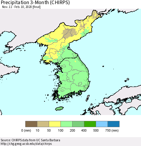 Korea Precipitation 3-Month (CHIRPS) Thematic Map For 11/11/2019 - 2/10/2020
