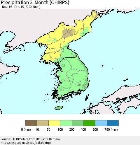 Korea Precipitation 3-Month (CHIRPS) Thematic Map For 11/16/2019 - 2/15/2020