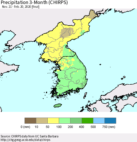 Korea Precipitation 3-Month (CHIRPS) Thematic Map For 11/21/2019 - 2/20/2020