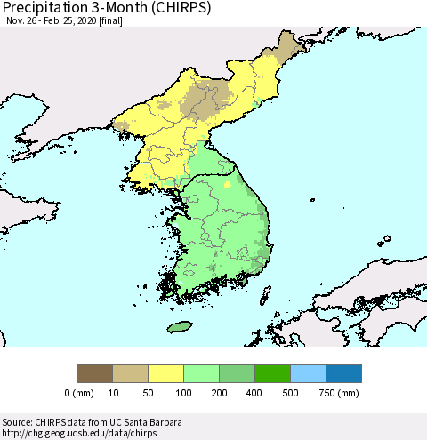 Korea Precipitation 3-Month (CHIRPS) Thematic Map For 11/26/2019 - 2/25/2020