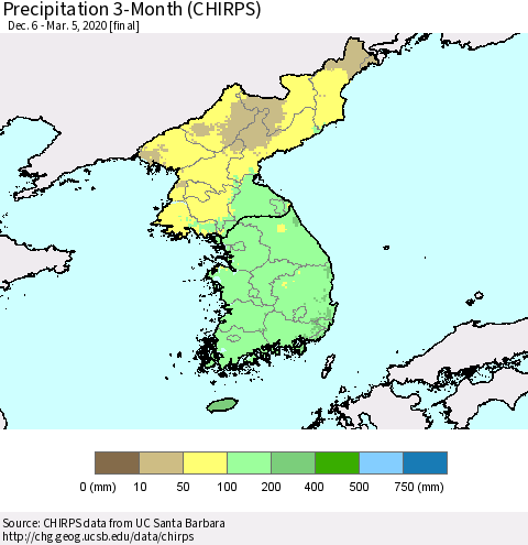 Korea Precipitation 3-Month (CHIRPS) Thematic Map For 12/6/2019 - 3/5/2020