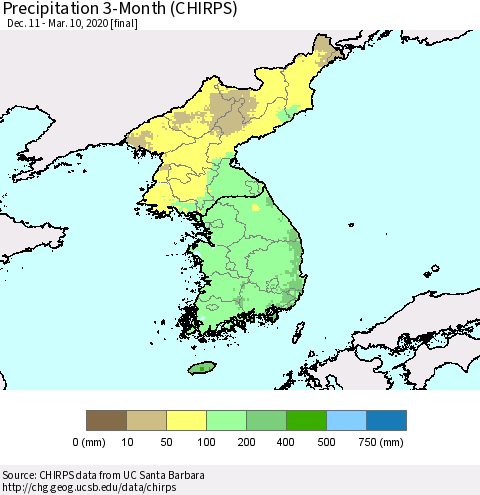Korea Precipitation 3-Month (CHIRPS) Thematic Map For 12/11/2019 - 3/10/2020