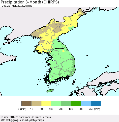 Korea Precipitation 3-Month (CHIRPS) Thematic Map For 12/21/2019 - 3/20/2020