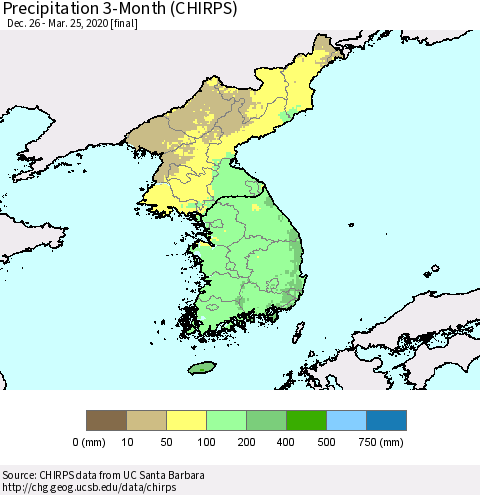Korea Precipitation 3-Month (CHIRPS) Thematic Map For 12/26/2019 - 3/25/2020