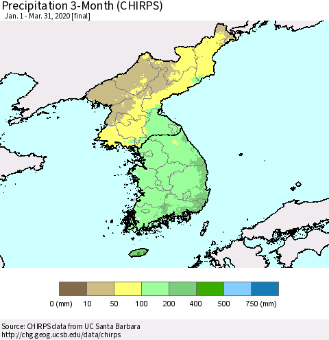 Korea Precipitation 3-Month (CHIRPS) Thematic Map For 1/1/2020 - 3/31/2020