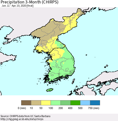 Korea Precipitation 3-Month (CHIRPS) Thematic Map For 1/11/2020 - 4/10/2020